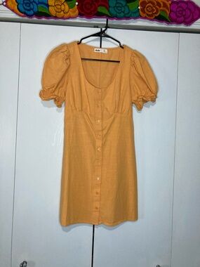 Elodie Medium Goldenrod Yellow Cotton Linen Milkmaid Empire Button Front Dress